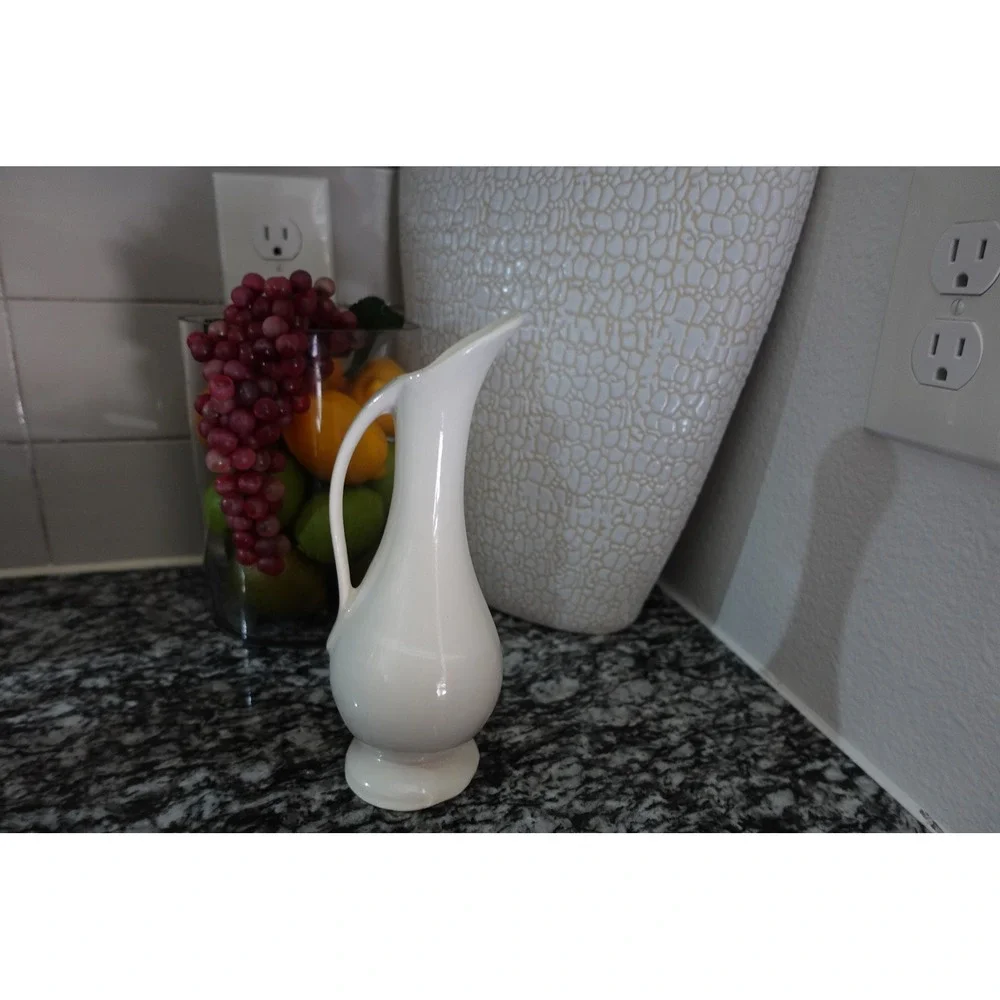 Vintage PF‎ White Ceramic Ewer Bud Vase Purple Applied Flower 8 Inch Pitcher